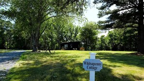 Un panneau indiquant l’emplacement de la maison de campagne « Whitsapple Cottage », dans un espace verdoyant bordé d’arbres.