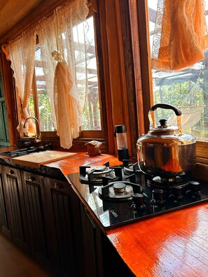 Frigorífico, hervidor eléctrico, utensilios de cocina y especias