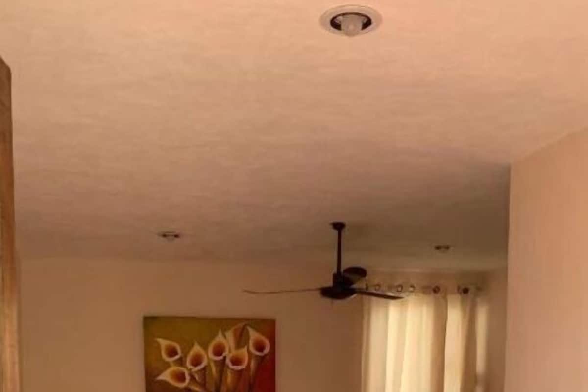 A room with two beds, a ceiling fan, a painting, and a lamp.