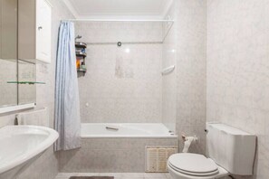 Hair dryer, bidet, towels, soap