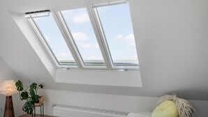 Une pièce dotée d’une lucarne, d’un radiateur, d’une plante et d’un coussin moelleux.