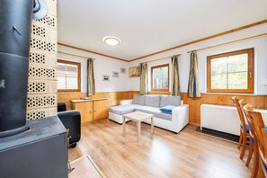 Televisio, takka, työhuone