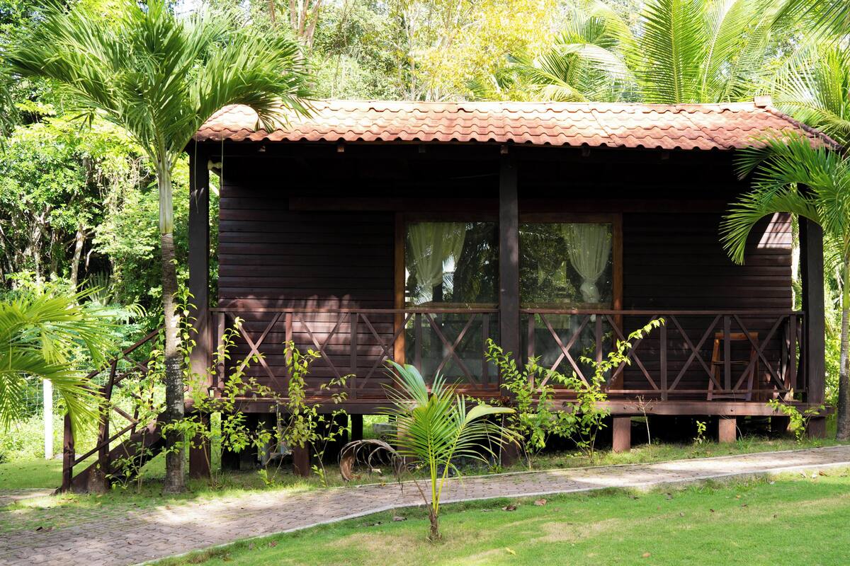 A wooden cabin with a tiled roof, surrounded by lush greenery and a paved path leading to it.