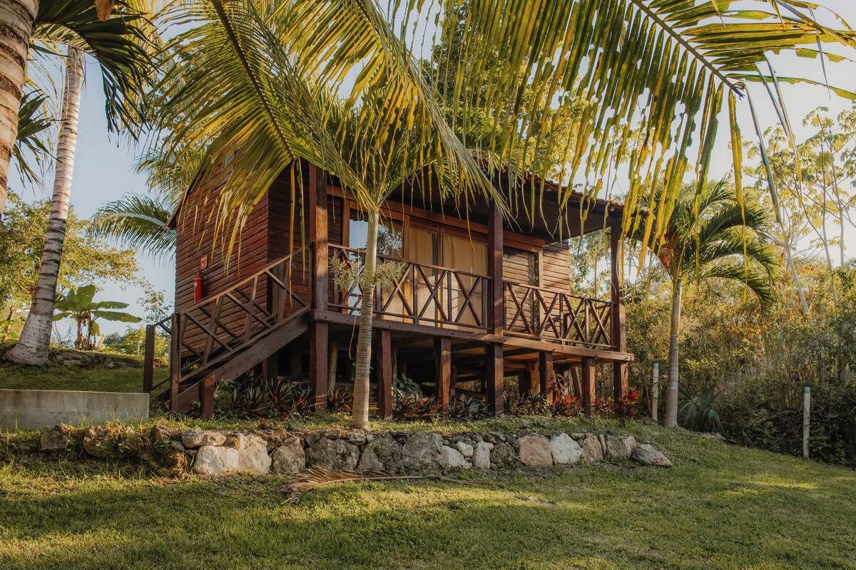 A wooden house with a balcony, surrounded by palm trees and greenery.