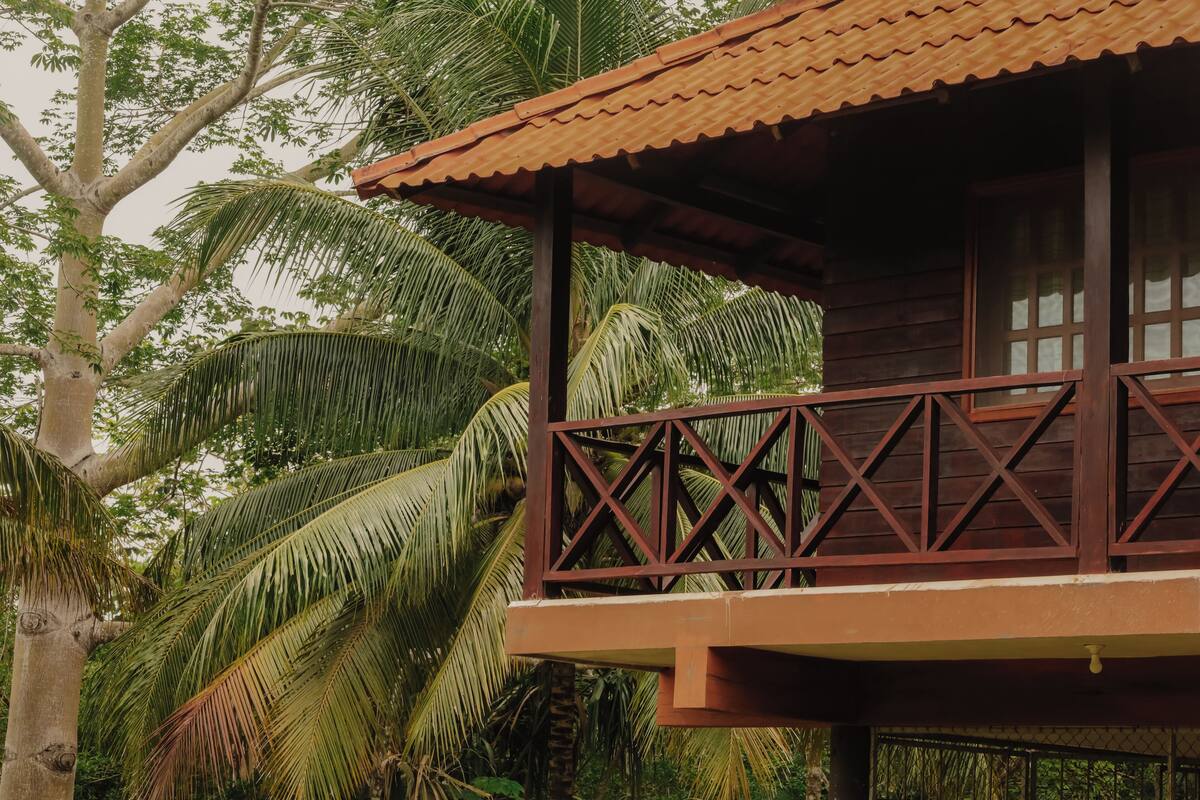 A wooden building with a balcony and a tiled roof, surrounded by palm trees.