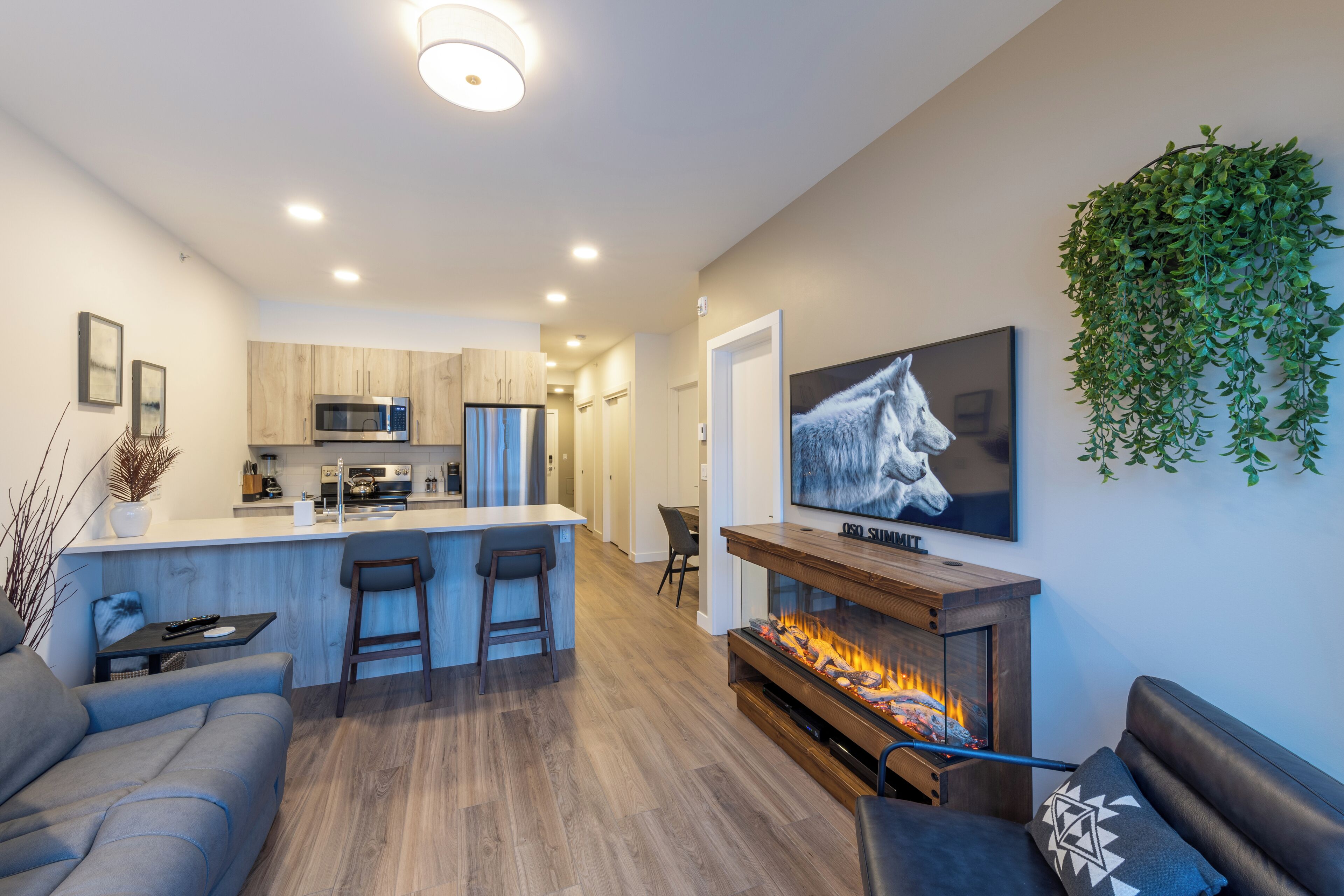 A modern living room with a fireplace, a kitchen area, and a dining space.