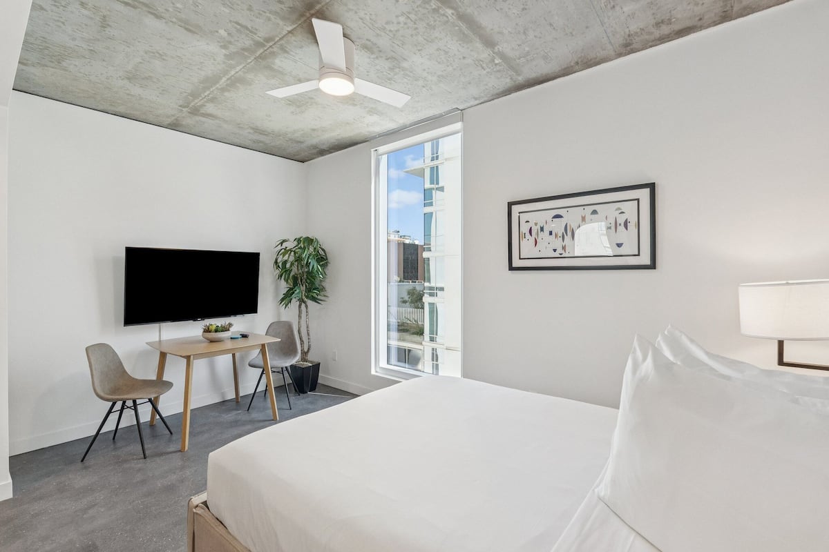 Habitación de hotel moderna con una cama grande, un escritorio con silla, televisor de pantalla plana, una planta en maceta y ventana con vista a edificios.
