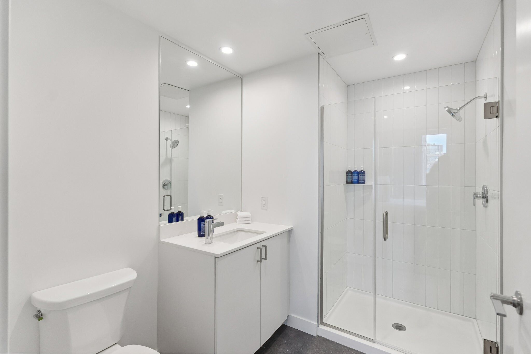 A modern bathroom with a toilet, sink, and glass-enclosed shower.
