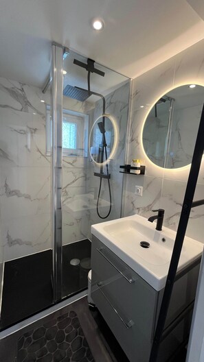 Douche, baignoire à jets, sèche-cheveux, serviettes fournies