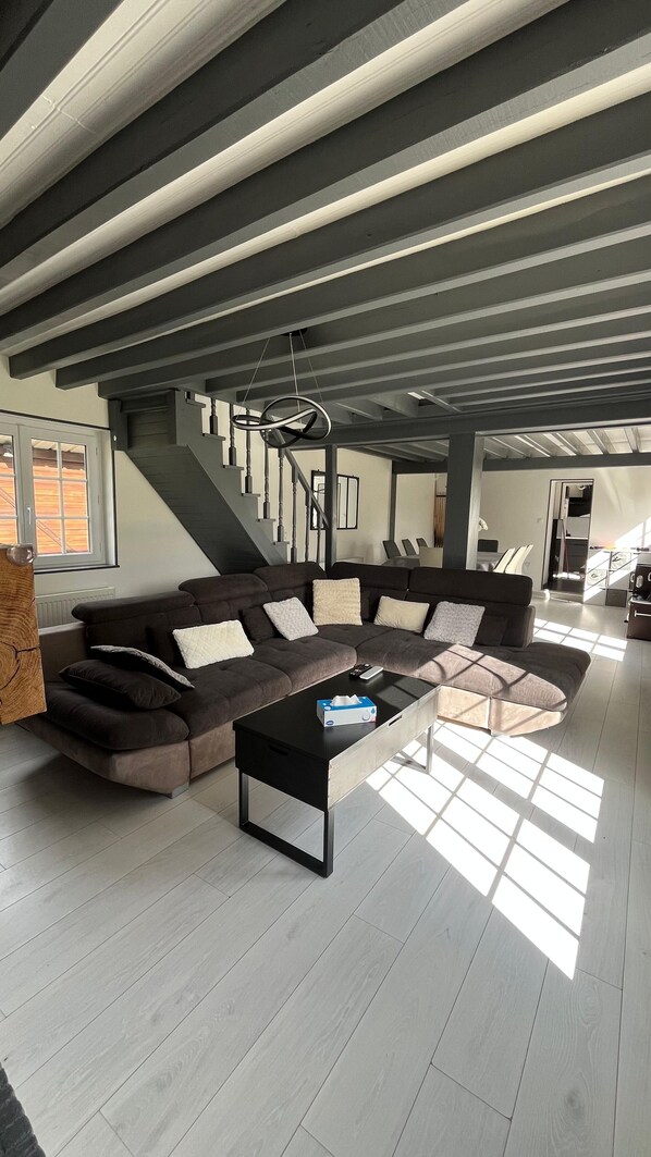 TV, fireplace, table football, books