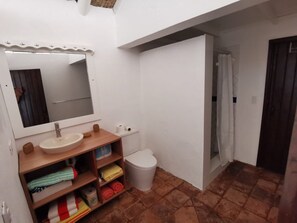 Hair dryer, towels, soap, toilet paper