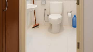 Shower, bidet, soap, toilet paper