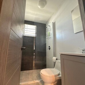 Ein Badezimmer mit Toilette, Dusche und Waschbecken.
