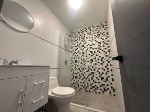 Douche, séchoir à cheveux, serviettes fournies, savon