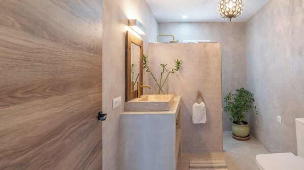 Een moderne badkamer met een houten vloer, een ingebouwd wastafelmeubel, een spiegel, een handdoekhouder en een potplant.