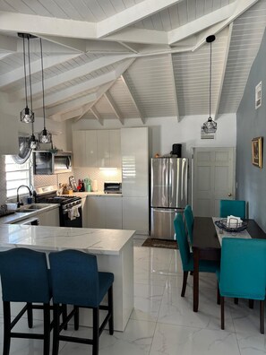 Une cuisine moderne dotée d’un îlot central, d’appareils électroménagers en acier inoxydable et de chaises turquoise disposées autour d’une table à manger.