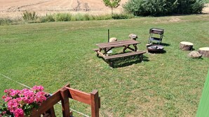 A picnic setup with a table and benches in a grassy field with trees in the background. - Tiny House (Münster)