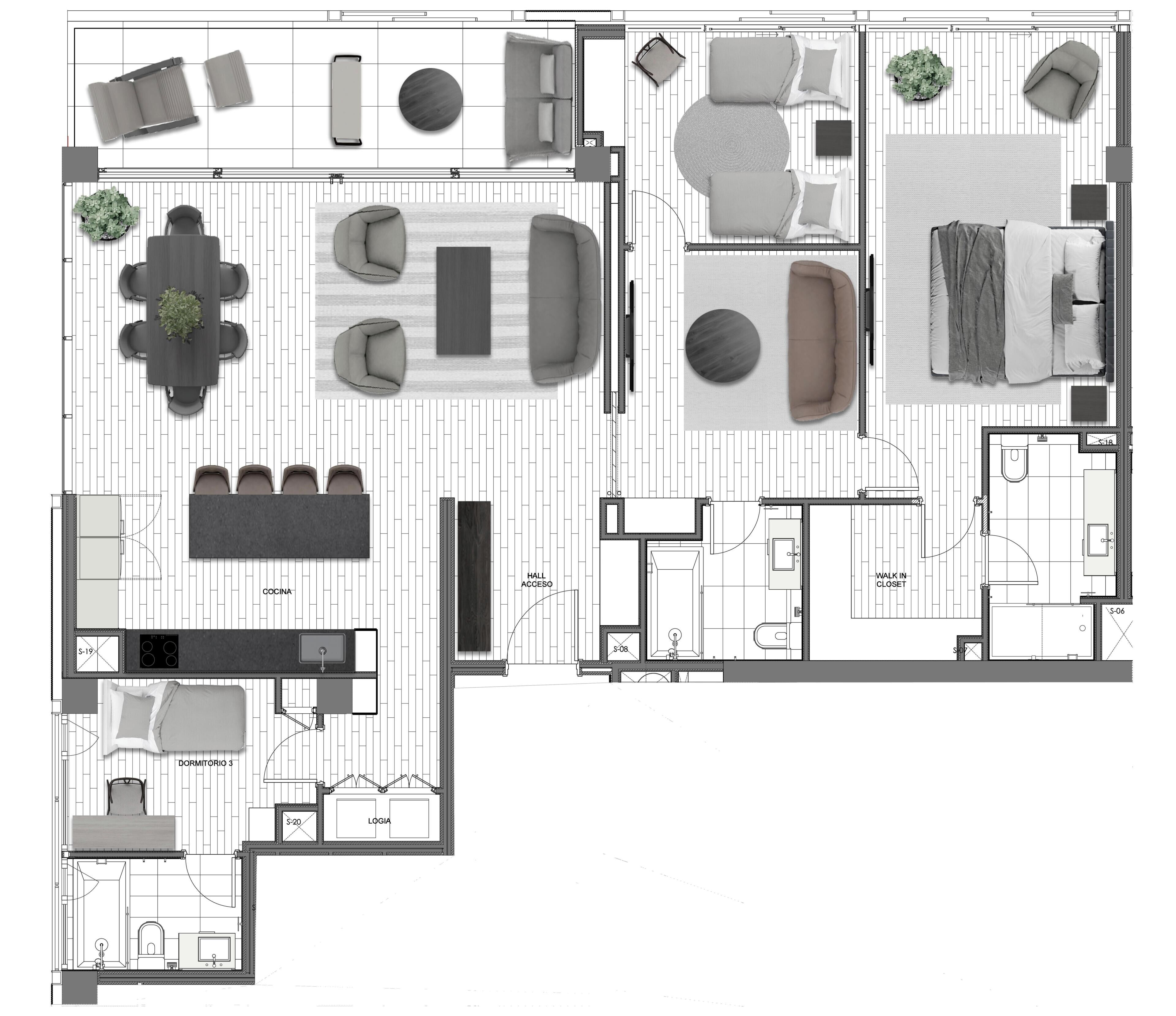 Un plan d’étage d’un hôtel comprenant un espace de vie, un coin repas, une cuisine et trois chambres.