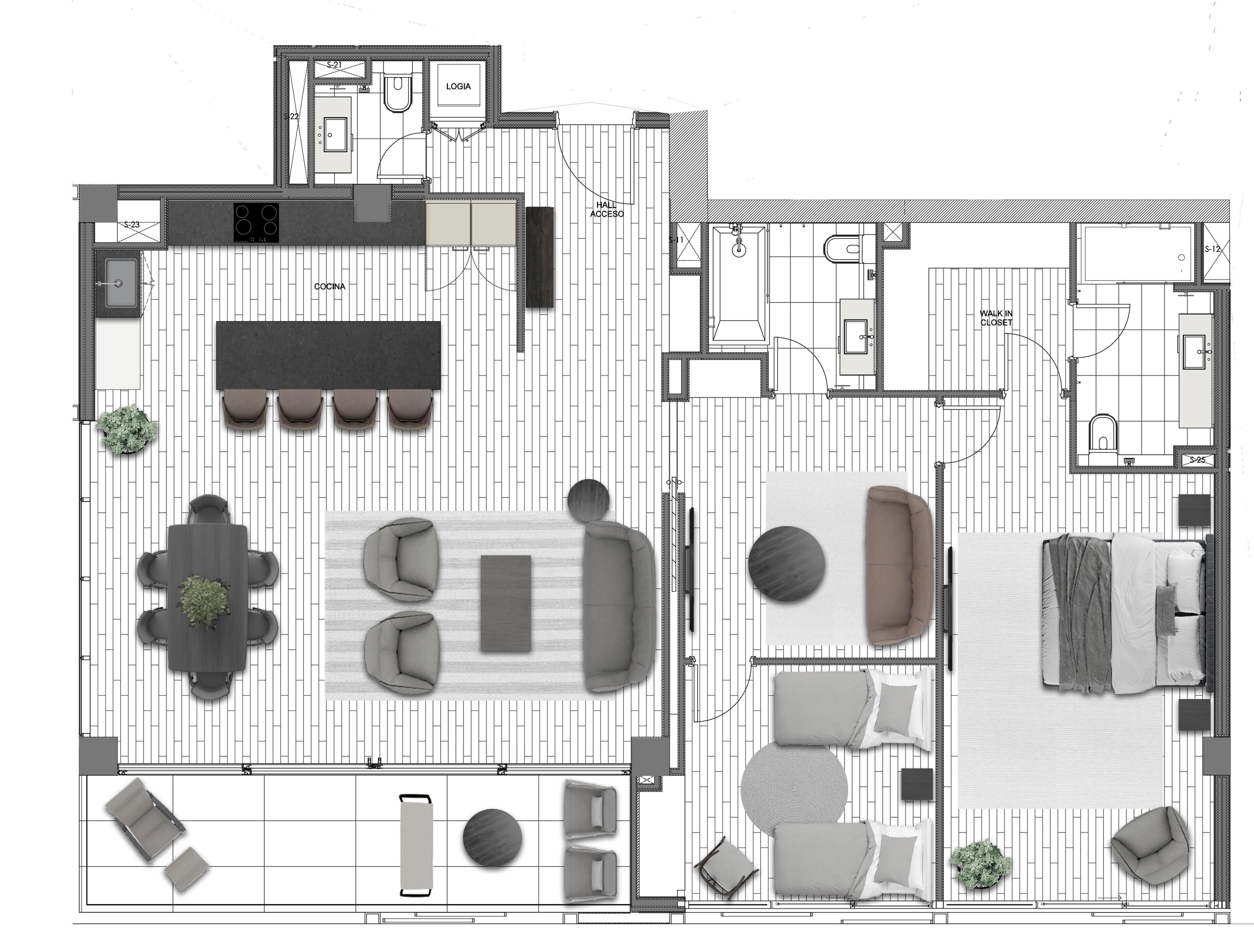 A hotel layout with a kitchen, dining area, lounge, and bedrooms.