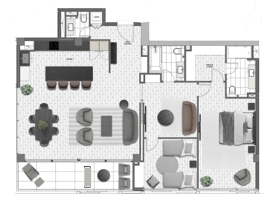 A hotel layout with a kitchen, dining area, lounge, and bedrooms.