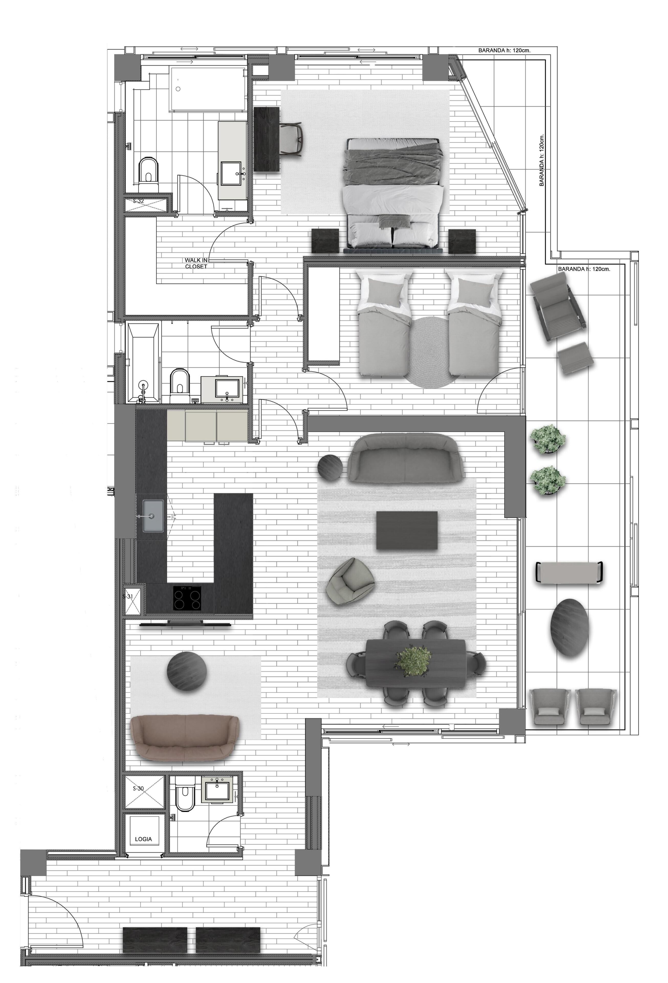 Pianta degli interni di un moderno appartamento con soggiorno, cucina, due camere da letto, cabina armadio e una loggia.