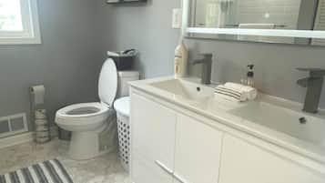 Hair dryer, towels, soap, toilet paper