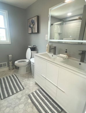 Hair dryer, towels, soap, toilet paper