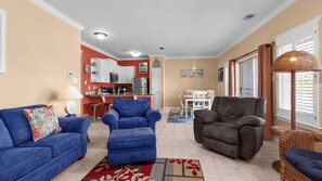 Condo, Multiple Beds, Patio (Romar Lakes A104) | Living area | 42-inch flat-screen TV with digital channels - Cozy Family Home - Community Pool, Private Porch, 10-minute Walk to Beach (Orange Beach)