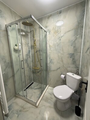 Hair dryer, towels, soap, toilet paper