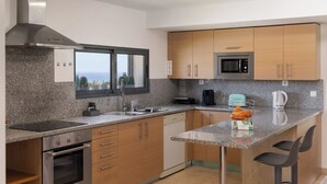 Une cuisine moderne dotée de plans de travail en granit, d’appareils électroménagers en acier inoxydable, d’armoires en bois et offrant une vue sur l’océan.