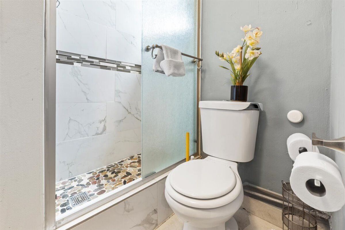 Hair dryer, towels, soap, shampoo