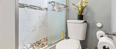 Hair dryer, towels, soap, shampoo