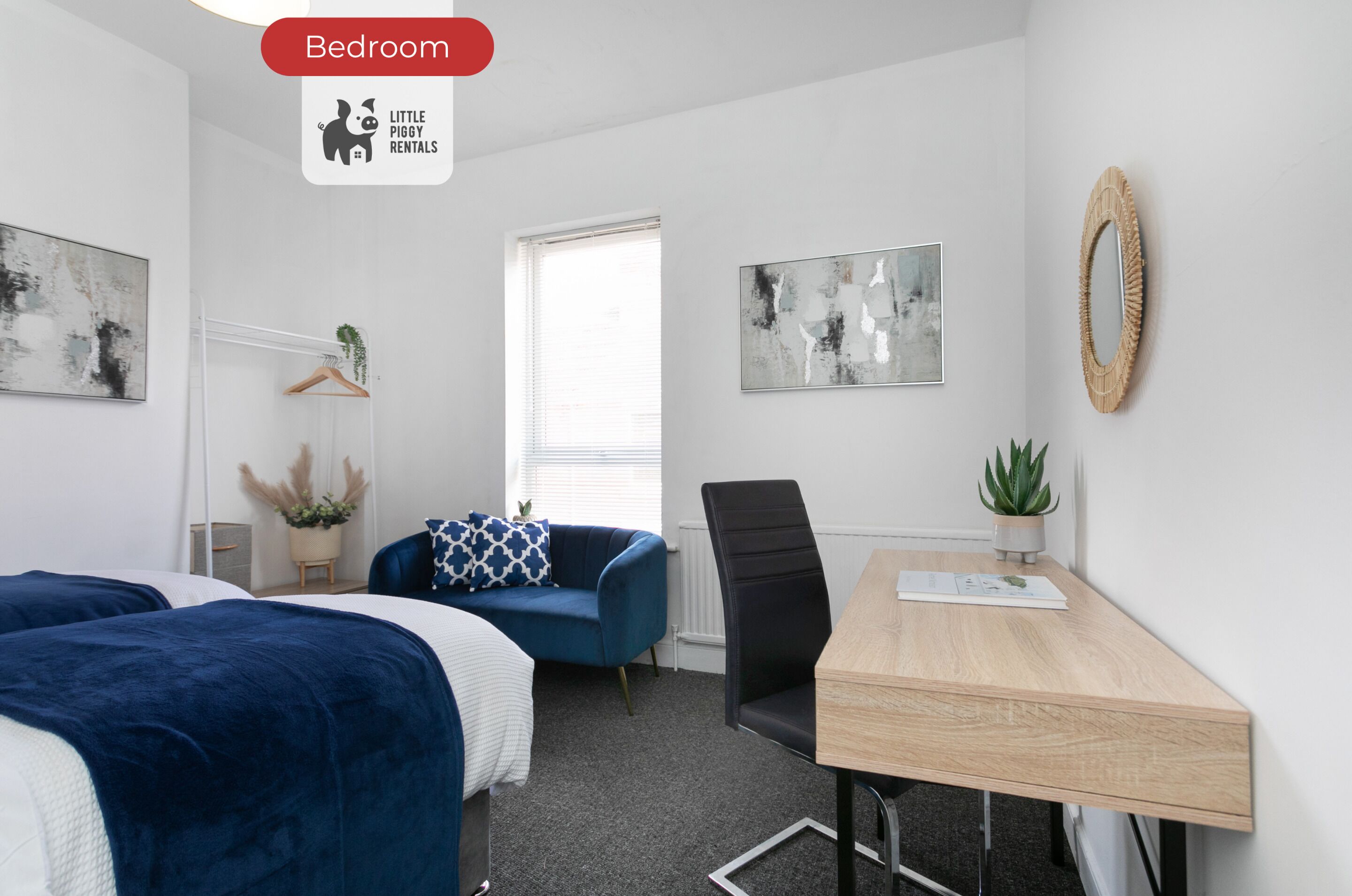 2 soverom, skrivebord, wi-fi (mot et tillegg) og sengetøy