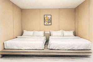 Una habitación con dos camas, un cuadro en la pared y una escalera que sube a un nivel superior.