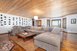 Smart TV, chimenea, libros y biblioteca musical