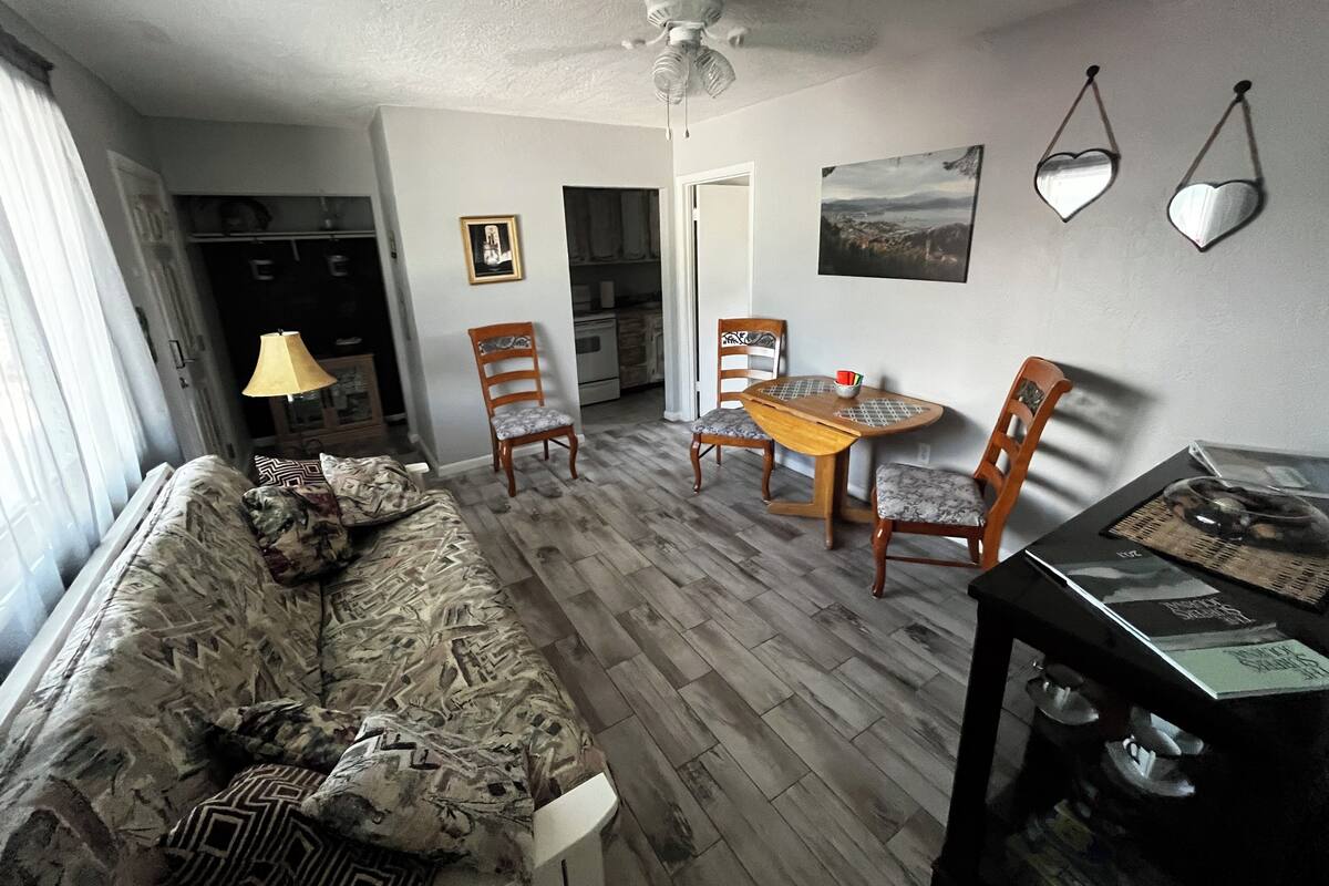 A living room with a sofa, chairs, a dining table, and a ceiling fan.