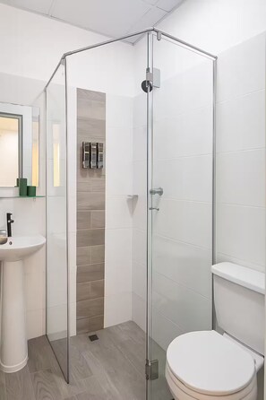 Shower, towels, soap, toilet paper