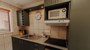 A modern kitchen with a built-in microwave, stainless steel sink, and black cabinets. - Alpine Springs Motel | Unit 7 - HS51217 (Hanmer Springs)