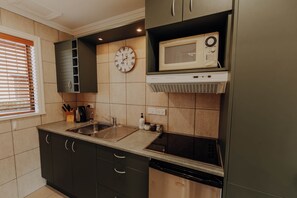 Fridge, microwave, stovetop, electric kettle