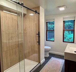 Shower, hair dryer, towels, toilet paper