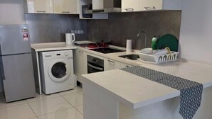 Une cuisine compacte équipée d’un lave-linge, d’un évier et d’un plan de travail.
