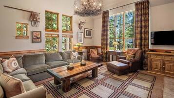 Smart TV, fireplace, video games, DVD player