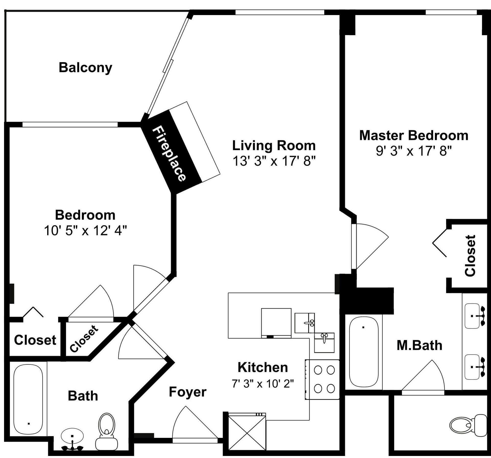 A floor plan with a living room, master bedroom, balcony, and kitchen.
