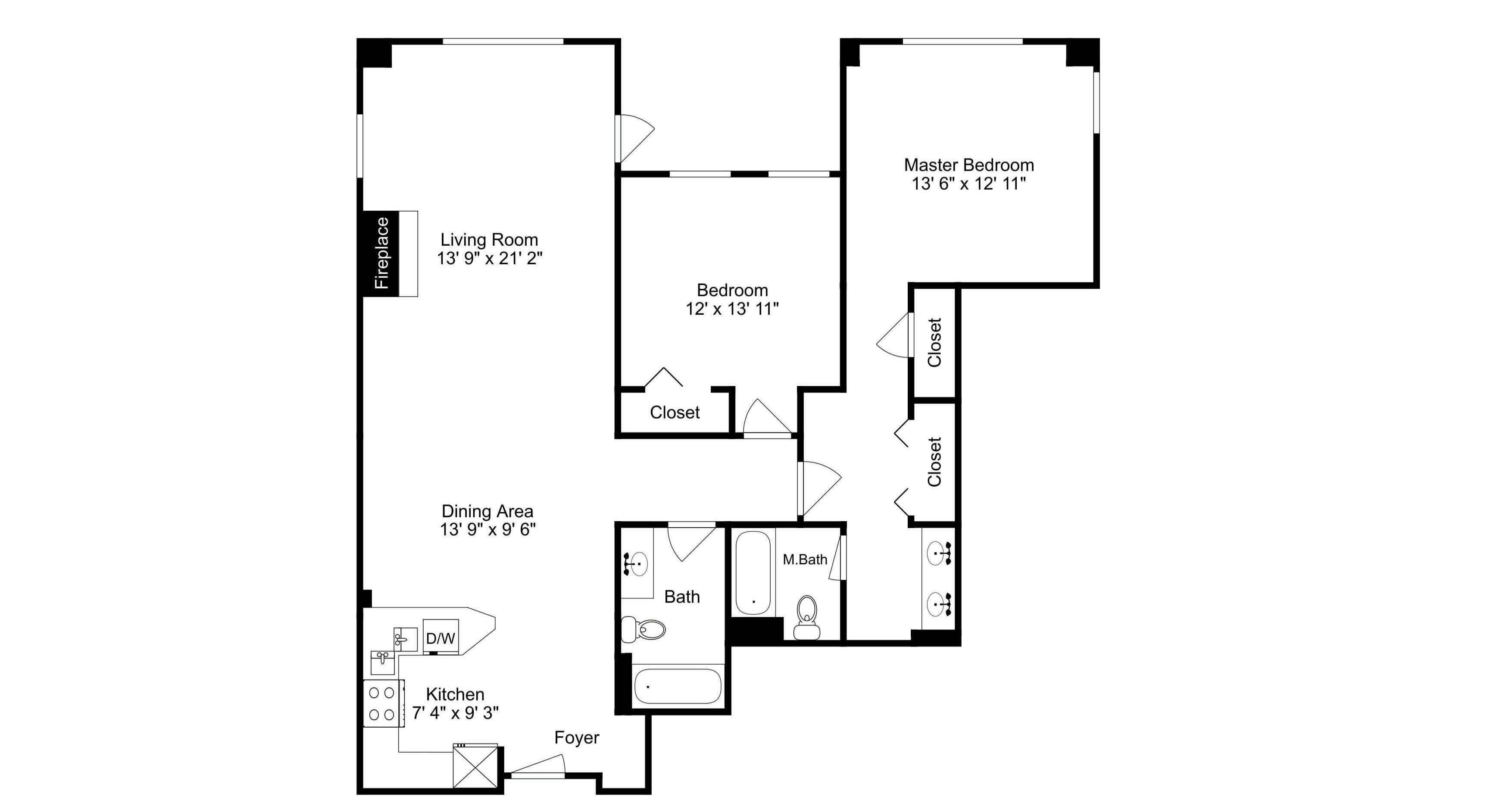 A floor plan with a living room, dining area, kitchen, master bedroom, master bath, and two closets.