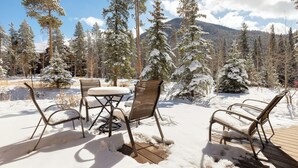 An outdoor seating area with metal chairs and a table, surrounded by snow-covered trees and a mountain in the background. - St8715-2 (Keystone)