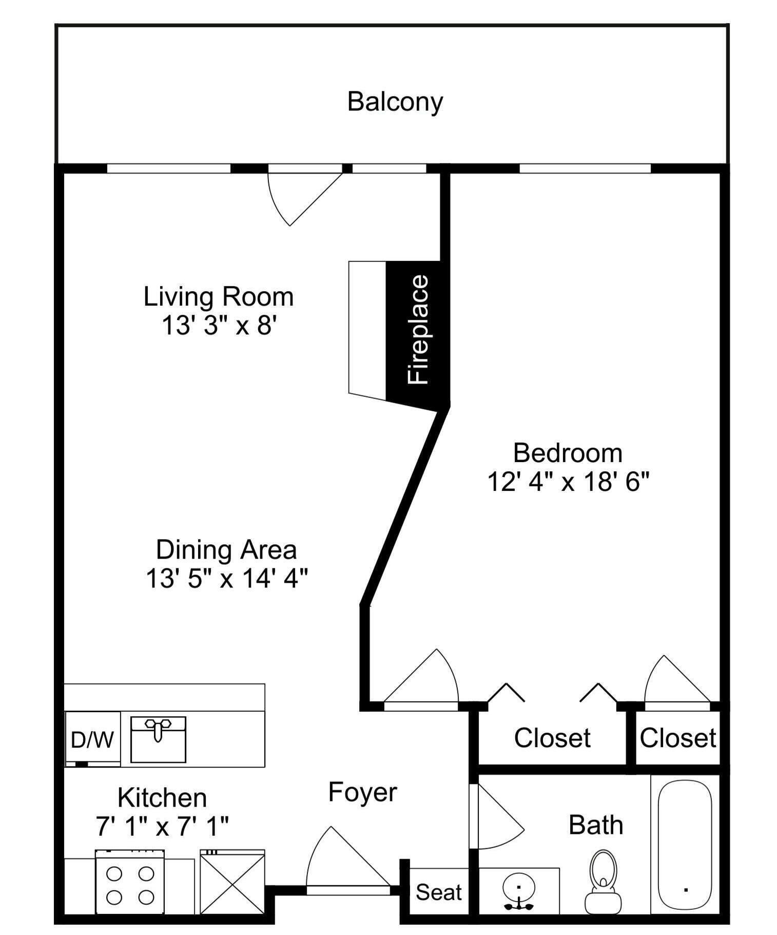 A floor plan of a house with a balcony, living room, dining area, kitchen, foyer, two closets, a bathroom, and a fireplace.