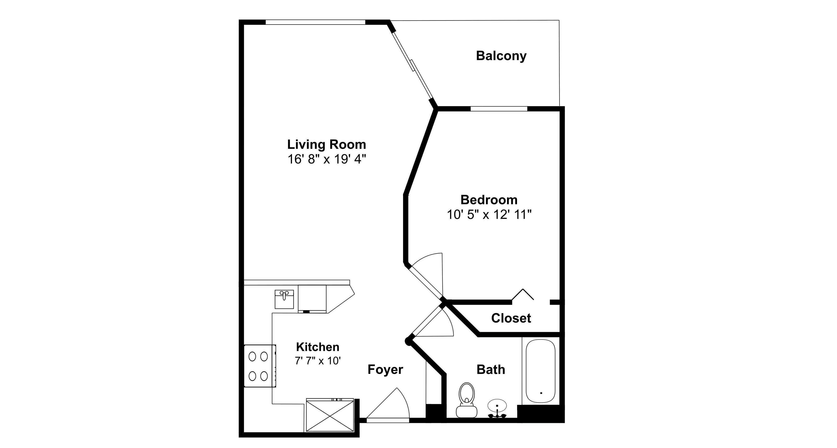 Een plattegrond van een huis met een woonkamer, slaapkamer, keuken, balkon, hal, kast en badkamer.