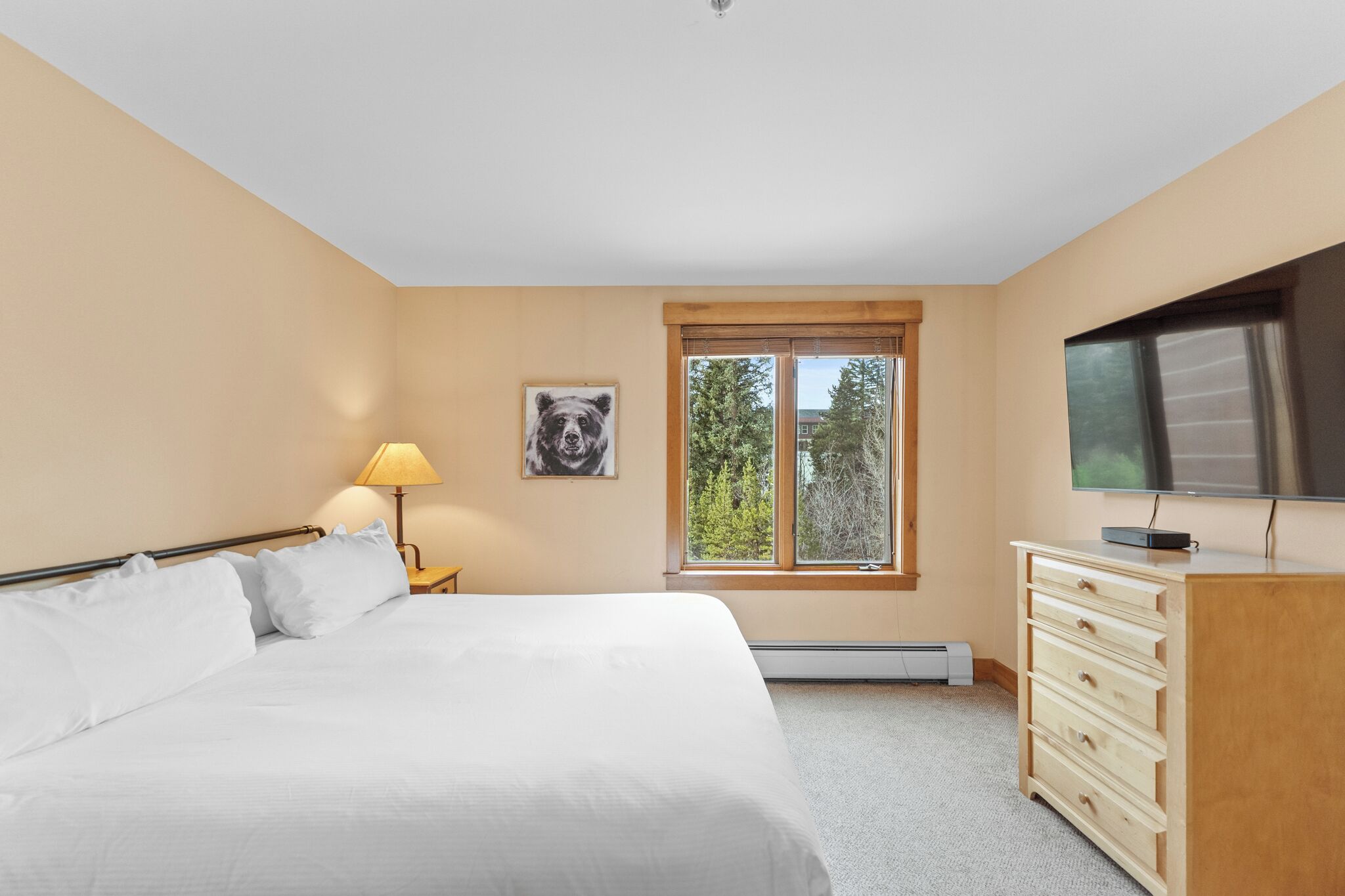 A bedroom with a bed, a lamp, a TV, a dresser, and a window with a view of trees.