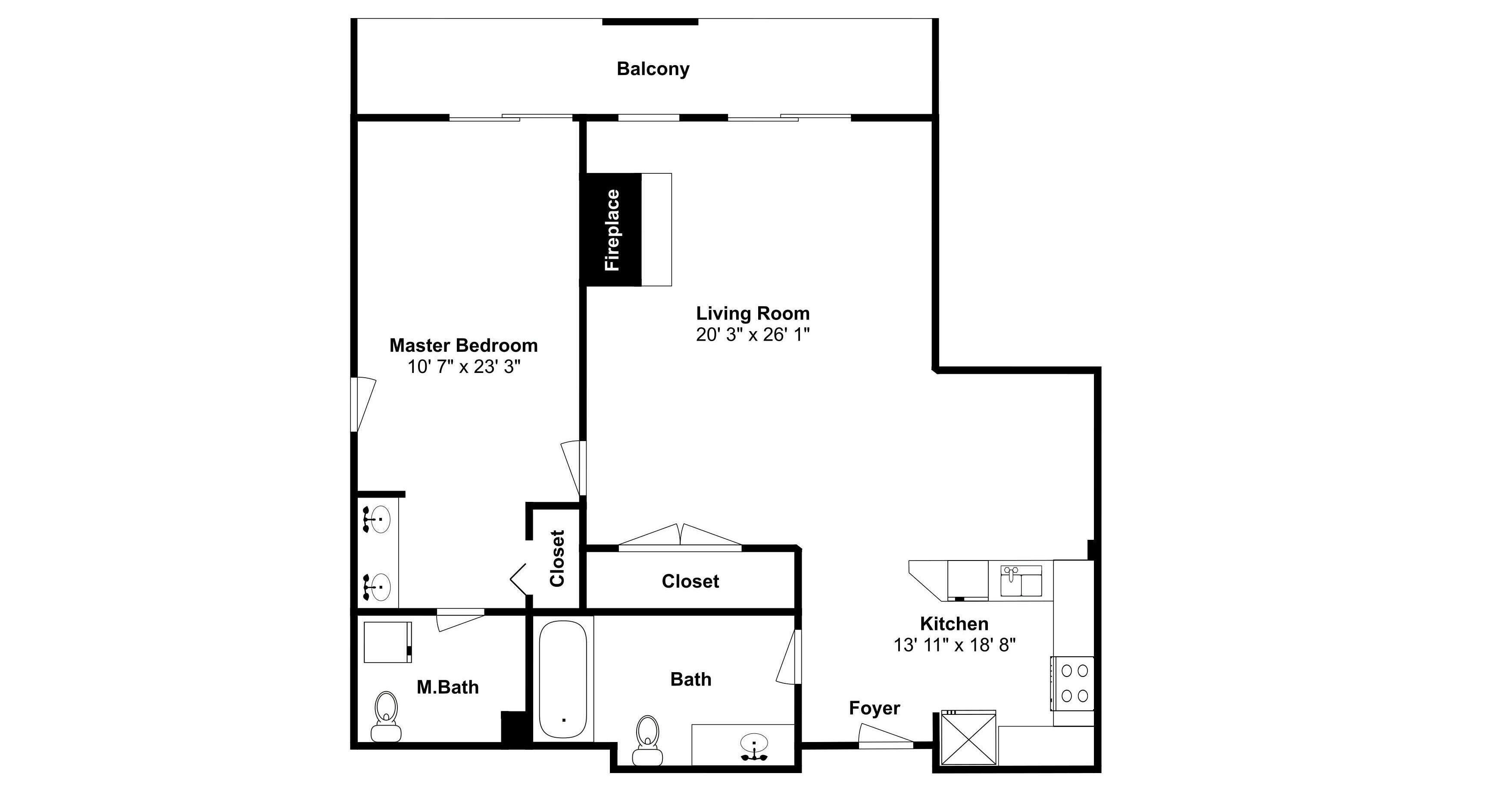 Plan d’étage d’une propriété située au 150, place Dercum, à Keystone, comprenant une chambre principale, un salon, une cuisine, une salle de bain et un hall d’entrée.