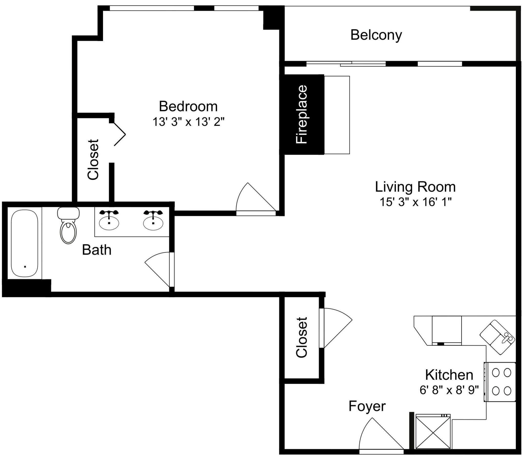 A floor plan with a bedroom, living room, bathroom, kitchenette, foyer, and balcony.